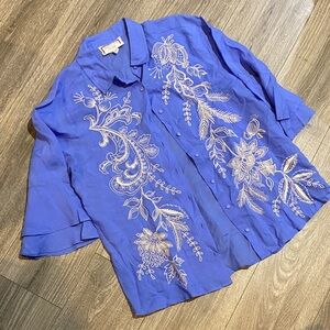 Johnny Was Blue Button Front Shirt with White Embroidery